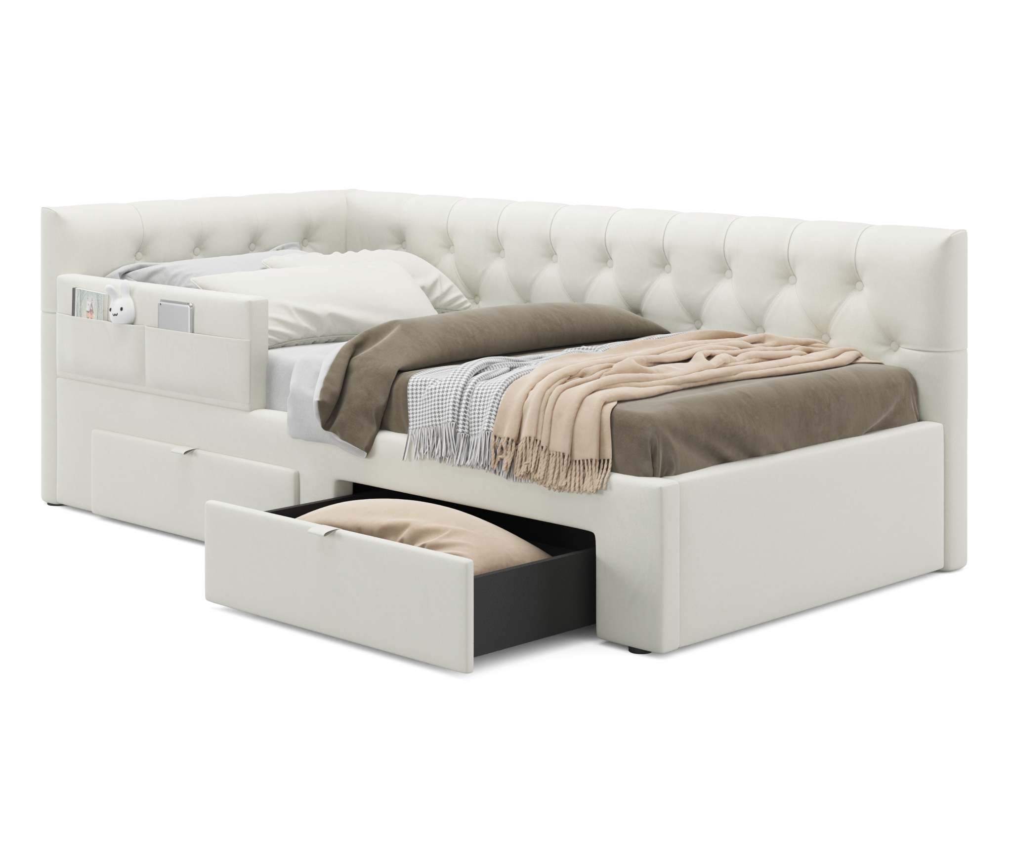 Купить односпальная кровать-тахта afelia с ящиками и бортиком 900 бежевая с ортопедическим основанием | МебельСТОК