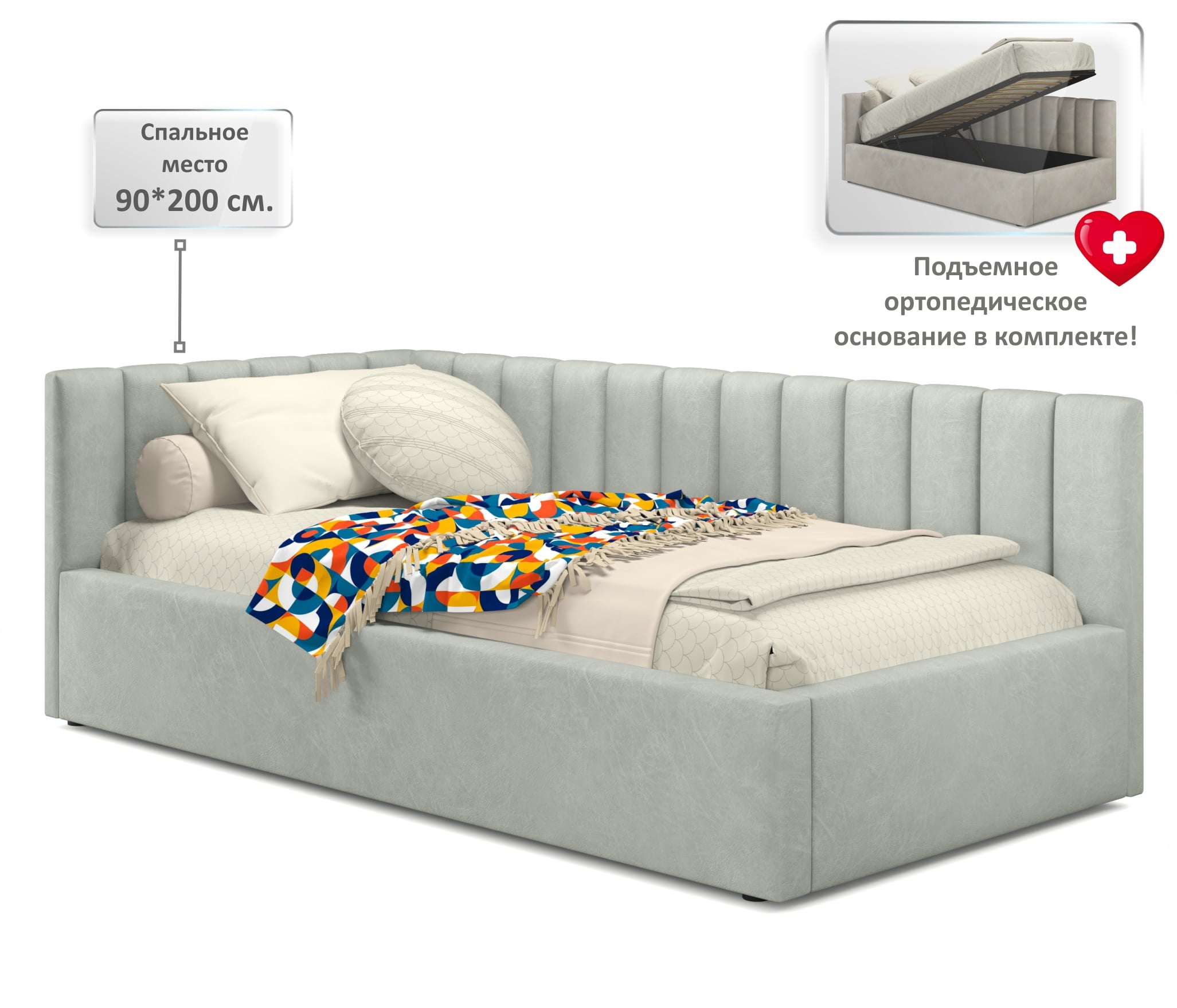 Купить мягкая кровать milena 900 кожа серый с подъемным механизмом